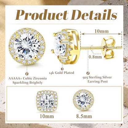 18K Gold Plated Halo Stud Earrings 925 Sterling Silver Cubic Zirconia Stud Earrings Round Square Diamonique Stud Earrings Set for Women Men - color: Gold
