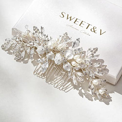 SWEETV Handmade Wedding Hair Comb Clip Rhinestone Bridal Hair Comb Piece, Hair Accessories for Brides Wedding, Silver - color: 2.Silver
