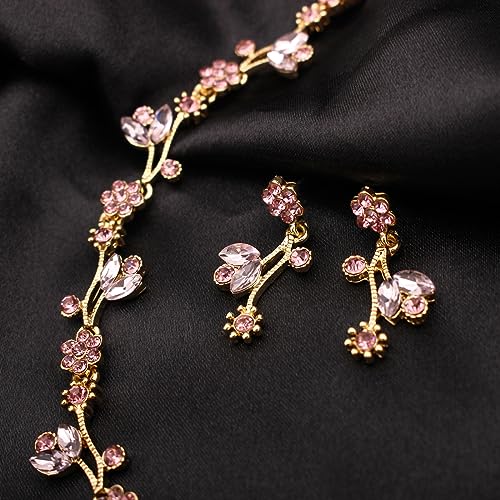 Elegant Brides Austrian Crystal Flower Choker Necklace Drop Dangle Earring Bracelet Wedding Jewelry Set for Bridesmaid Prom Costume Jewelry Set for Women - color: Pink-Gold Plated