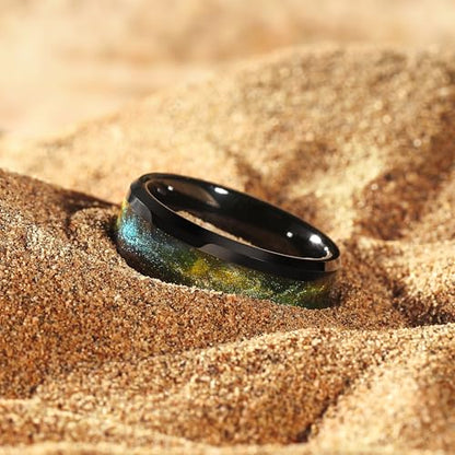 King Will Mens Galaxy Tungsten Wedding Band | 6mm/8mm, Beveled Edge, Comfort Fit, Durable, Sandstone Opal Inlay Polished, Everyday Wear - color: Black&Yellow&Green