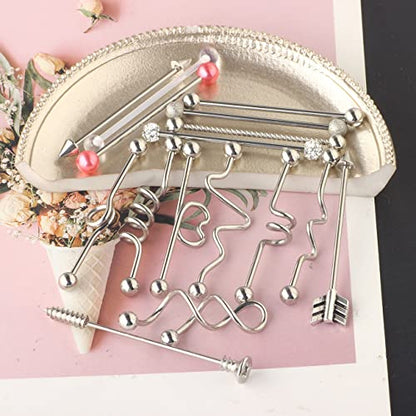 TIANCI FBYJS 7-16pcs 14G Stainless Steel Industrial Piercing Barbell Earring Cartilage Body Jewelry 38mm 1&1/2 Inch Industrial Piercing Bar for Women Men Snake Chain Dangle - color: silver 16pcs