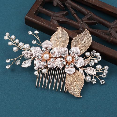 Flower Leaf Design Wedding Hair Comb, Metal Bridal Hair Accessory with Rhinestone, Wedding Prom Hair Clip Headpiece for Women (Gold Flower Leaf) - color: Gold Flower Leaf