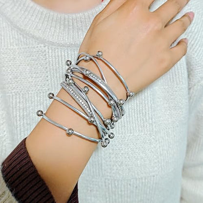 ZMANYIJEW Leather Wrap Bracelets for Women,Boho Cuff Bracelets Multi-Layer Crystal Beads Cuff Bracelet Multilayered Leopard Leather Braided Bangle Wrist Cuff Bangles - style: bead-silver