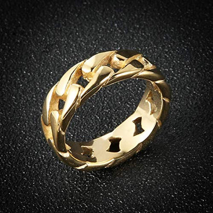 HZMAN Mens Stainless Steel 7mm Wide Band Cuban Link Chain Ring, Silver Gold Black - color: 7mm-Gold