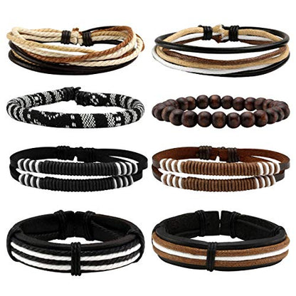 6-12PCS Braided Faux Leather Bracelet Punk Cuff Wrap Bracelets for Men Women Adjustable - color: I:8pcs
