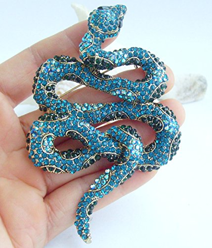 Classic 3.94" Unique Animal Snake Brooch Pin Pendant Austrian Crystal BZ5847 - color: Gold-Tone Turquoise