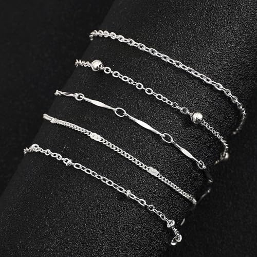 Fesciory 14K Gold Plated Ankle Bracelets Sets For Women, Adjustable Layered Infinite Anklet, Summer Beach Butterfly Star Foot Chain Jewelry Gifts - style: Thin(Silver)