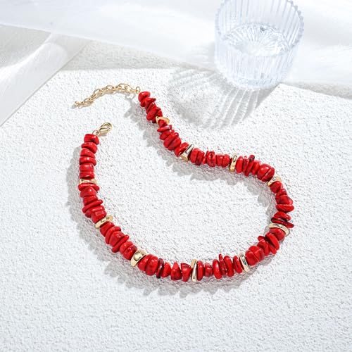 Colorful Irregular Beaded Necklace for Women Resin Jewelry Gift | Trendy Statement Bead Choker Necklaces Summer Beach Boho Charm Accessories Stuff - color: Red