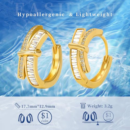 Gold Silver Huggie Hoop Earrings for Women 18K Gold & Sterling Silver Plated Cubic Zirconia Hoop Earrings Double Small Huggie Earring Lightweight Hypoallergenic Trendy Jewelry Gift - color: 01-CZ Gold
