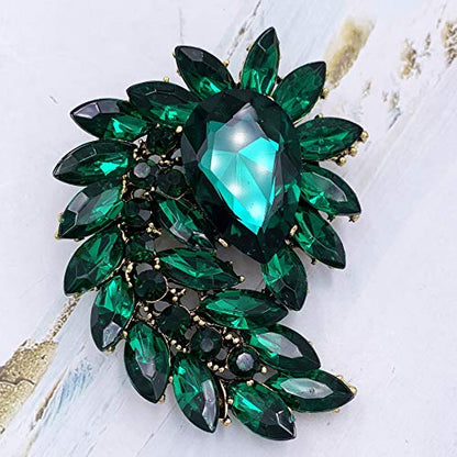 SELOVO Marquise Shape Rhinestone Red Leaf Costume Brooch Pin Jewelry Antiqued Gold Tone - color: Green