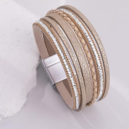 Boho Layered Leather Wrap Bracelets Chunky Western Country Hippie Jewelry | Stackable Bohemian Cowgirl Magnetic Clasp Cuff Bangle Set Fashion Stack Statement Festival Trendy Jewelry Gifts for Women - color: Gold
