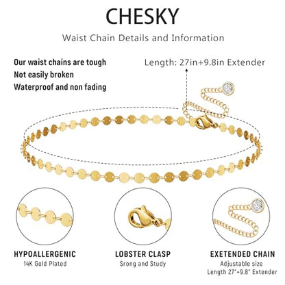 CHESKY Waist Beads for Women, Dainty 14k Gold Plated Waist Chain Beach Accessories Cute Belly Chain Body Chain Gold Chain Belts for Women Summer Beach Jewelry for Womens Gifts Rave Outfits for Womens - style: Coin