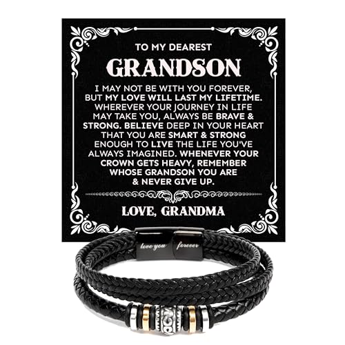 To Our Grandson Bracelet from Grandpa and Grandma - Love You Forever Engraved Leather Wristband with Inspirational Message Card - Sentimental Birthday Graduation Gift for Men, Teen - color: Version-03