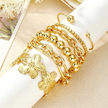 Golden Bangle Bracelets Set for Women, 14k Gold-Plated Multi Layer Stackable Cuff Bracelets, Personalized Boho Non Tarnish Adjustable Bangle Jewelry Gift for Her - color: 6PCS Gold Flower
