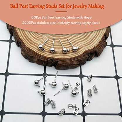 150Pcs Ball Post Earring Studs for Jewelry Making,Earring Studs Ball Post Earrings with Loop with 200Pcs Butterfly Earrings Back Replacements for DIY Jewelry Making Findings(White K) - color: White K