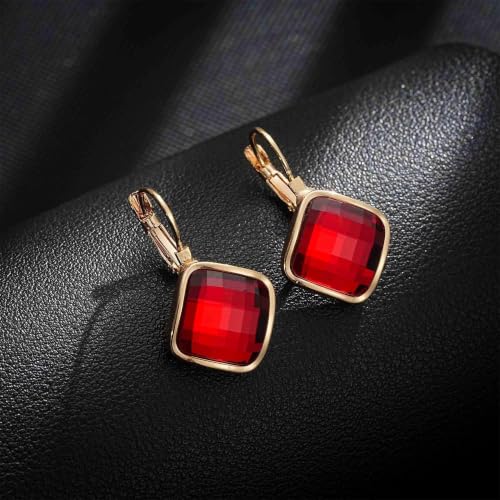 Austrian Crystal Square Leverback Drop Earrings for Women | Classic Square-Cut Crystal,14K Gold-Plated,Leverback for Easy Secure Wear,Gift Box Included,For Day and Evening Events - color: Red
