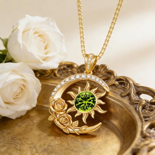 Midari 18K Yellow Gold Sun Moon Star Pendant Rose Flower Necklaces I Love You Forever Sun Moon Jewelry Gift for Mother Women - color: 08-Aug-Peridot, style: Sun&Moon