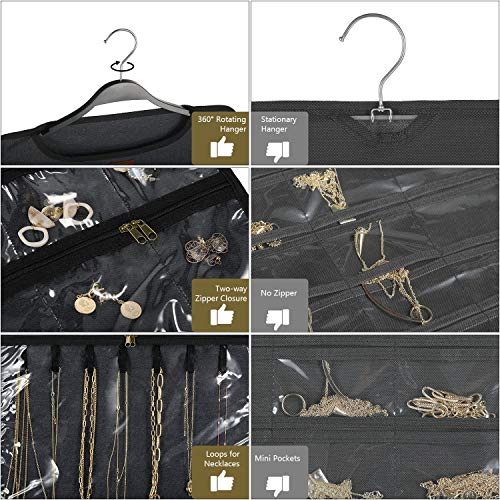 SMRITI Hanging Jewelry Organizer with Dual Zippered Pockets Canvas Double Sided Rotating Hanger Necklace Hanging Wall Organizer Earring Dustproof Holder Wall Mount Accessories Display Bag(Dark Grey) - color: #1-Dark Grey