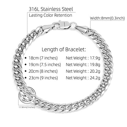 CaptainSteeL Cuban Bracelet for Men Stainless Steel Chain Link Bracelet | 8mm Width,7/7.5/8/9 Inch Length, Silver/18K Gold Plated,Men Bracelet,Waterproof Bracelet,Bithday ,Christmas gift - color: Cuban Chain SteeL, size: 7in