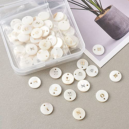 Craftdady 104pcs Freshwater Shell Alphabet Pendants Flat Round White Shell with A-Z Letter Bead Charms 11-11.5mm for Name Bracelets Necklaces Earrings Jewelry Crafts Making - color: Golden & Platinum Letter
