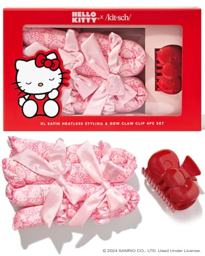 Hello Kitty x Kitsch Satin Flexi Rods, Heatless Curling Rod - 4pc Set | Flexi Rod for Heatless Curl Overnight for Women, Comfortable Hair Curlers to Sleep In for Frizz-Free, No Heat Damage Styling