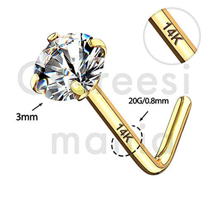 14K Real Gold Nose Studs 20G Nose Rings Studs L Shaped Nose Rings for Women Men Diamond CZ Nose Piercing - color: Yellow Gold-Round CLCZ