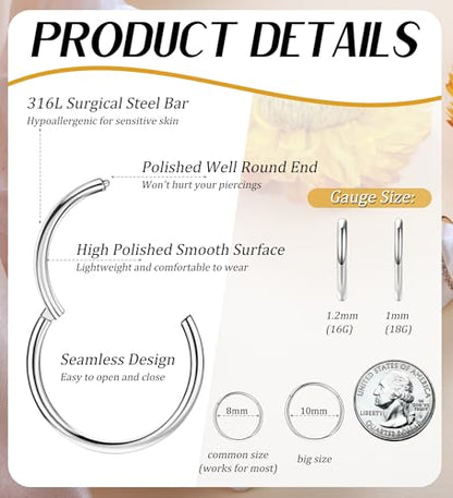 3pcs Nose Rings Hoops - 316L Surgical Steel Hinged Nose Hoops 16G/18G/20G CZ Clicker Septum Nose Ring Lip Helix Cartilage Hoop Earring Daith Rook Conch Body Piercing Jewelry for Women Men 8mm 10mm - color: Silver, size: 18 gauge(1.0mm)-10mm