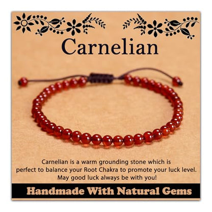 468Handmade Adjustable Natural Gemstone Crystal Bracelet Healing Power Energy Inspirational Gifts with Card for Unisex - color: 09-Carnelian(Luck), size: 4mm