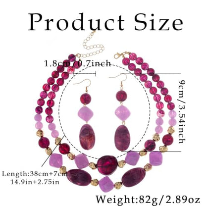 Layered Beaded Necklace and Earring Set Acrylic Beads Necklace Set Bohemian Chunky Jewelry Set for Women Beach - color: Purple