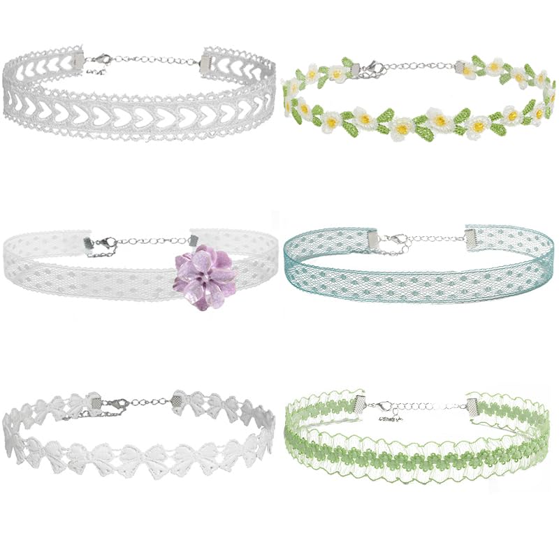 Nova&Aria Chokers Set For Women Heart Choker Necklaces Flower Pendant Velvet Cute Pink Turquoise Blue White Black Choker Necklace Christmas Colorful Lace Chokers - color: White&Green