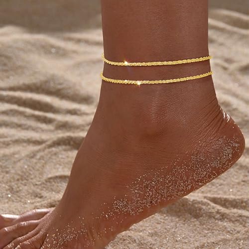 Gold/Sterling Silver Anklet Bracelets for Women Waterproof, Non Tarnish 925 Sterling Sliver Plated Heart Evileye Butterfly Charm, Dainty Summer Beach Anklets for Women, Beach Vacation Bikini Outfits for Her Mom - style: Sparking-Gold