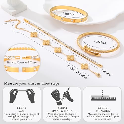 18K Gold Plated Bangle Bracelets Stack for Women,Four Leaf Clover Stackable Bracelets Non Tarnish,4 Pcs Jewelry sets Gifts - color: Gold