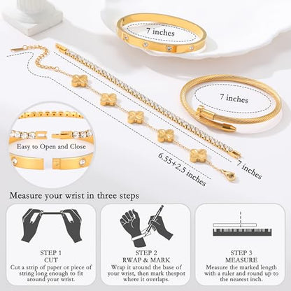18K Gold Plated Bangle Bracelets Stack for Women,Four Leaf Clover Stackable Bracelets Non Tarnish,4 Pcs Jewelry sets Gifts - color: Gold