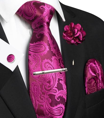 JEMYGINS Mens Paisley Tie and Pocket Square,Lapel Pin,Cufflinks,Tie Clip Sets with Gift Box 5PCS - color: Hot Pink