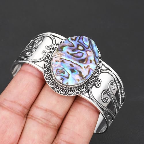 Silver Plated Statement Cuff Bangle Bracelet for Women – Handcrafted Wide Boho Bracelet with Natural Stone Inlay (Abalone Shell, Blue Turquoise, Malachite) Ideal Gift For Birthday Anniversaries Adjustable Fashion Jewelry - color: Abalone Shell