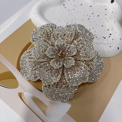 Rhinestone Flower Brooch Pin for Women Men Elegant Sparkly Crystal Camellia Floral Lapel Pins Shawl Dress Suit Clothes Accessories Wedding Party Fashion Jewelry 105mm - color: Beige