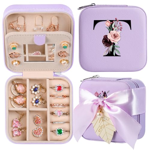 AYGXU Travel Jewelry Box for Women and Girls - Small Case With Initial A-Z - Teacher Gifts - color: purple, size: T