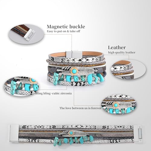 Bracelets for Women, Gifts for Mom Her Christmas Gift 2026 Leather Bracelets for Women Birthday Gift for Daughter Inspirational Wrap Bracelet Sister Friend Teen Girl Gift Layered Stocking Stuffers Jewelry - style: Silver-Turquoise