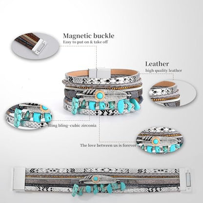 Bracelets for Women, Gifts for Mom Her Christmas Gift 2026 Leather Bracelets for Women Birthday Gift for Daughter Inspirational Wrap Bracelet Sister Friend Teen Girl Gift Layered Stocking Stuffers Jewelry - style: Silver-Turquoise