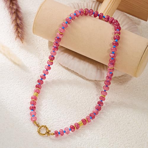 BELLA-Bee Natural Stone Beaded Choker, Multi Color Boho Jewelry Gift | Small bead natural stone choker with stainless steel ring clasp — multicolor stone, handmade healing jewelry for vacation - color: Red