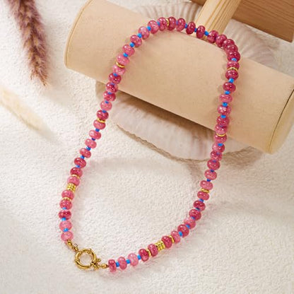 BELLA-Bee Natural Stone Beaded Choker, Multi Color Boho Jewelry Gift | Small bead natural stone choker with stainless steel ring clasp — multicolor stone, handmade healing jewelry for vacation - color: Red