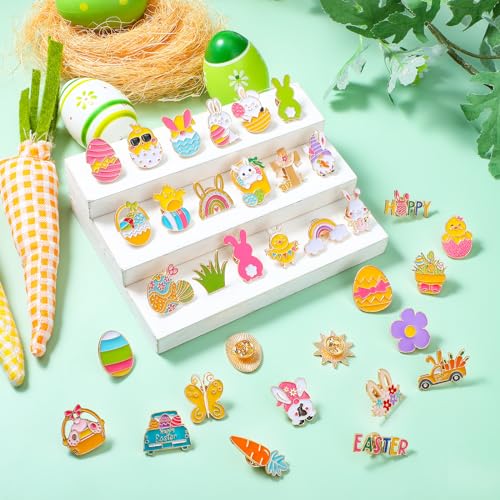 Giegxin 40 Pcs Easter Enamel Pins Bulk Spring Holiday Lapel Pin Bunny Backpack Cute Carrot Easter Eggs Flowers Butterfly Flower Basket Brooch for Women Girls Gifts - style: Easter