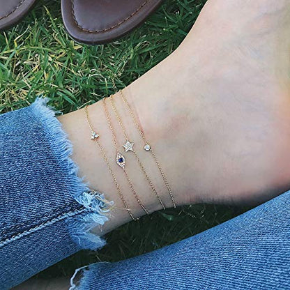 LOYATA Dainty Ankle Bracelet,14K Gold Plated Tiny Bead Anklet Dainty White Cubic Zirconia Cross Tassel Foot Chain Cute Lucky Moon Evil Eye Foot Jewelry Boho Anklets for Women - color: Evil Eye 2