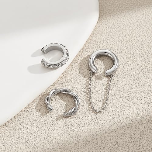 3Pcs Ear Cuffs Non Piercings for Women, Trendy Cubic Zirconia Gold Silver Clip On Cuff Earrings Set Jewelry Dainty Fake Cartilage Earring - color: Silver Chain
