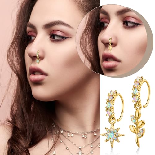 18 Pcs Dangle Nose Ring L Shaped Dangling Nose Stud Nose Ring Hoop Indian Nose Piercing Jewelry with Charm - color: Gold AB