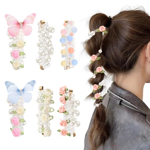 Yitexin 6 Pieces Butterfly Spiral Hair Ties with Beads, Rose Pearl Phone Cord Hair Ties Colorful Scrunchies, No Damage Elastic Ponytail Braids Holder for Women Long Curly Accessories (Colorful)