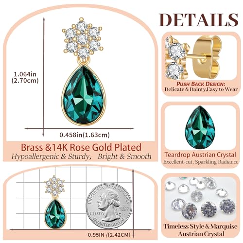 Elegant Austrian Crystal Teardrop Dangle Earrings for Women,14K Gold Plated Flower Drop Earrings Jewelry Gift for Birthday Wedding Anniversary - color: Emerald