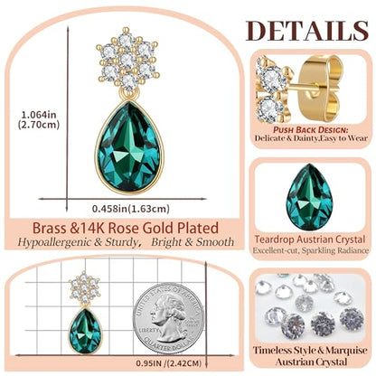 Elegant Austrian Crystal Teardrop Dangle Earrings for Women,14K Gold Plated Flower Drop Earrings Jewelry Gift for Birthday Wedding Anniversary - color: Emerald