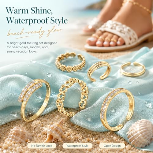 QWALIT Toe Rings for Women Gold Toe Ring Gold Ankets for Women Silver Toe Ring Stainless Steel Waterproof Trendy Anklet no Tarnish - color: 13-6pcs-gold