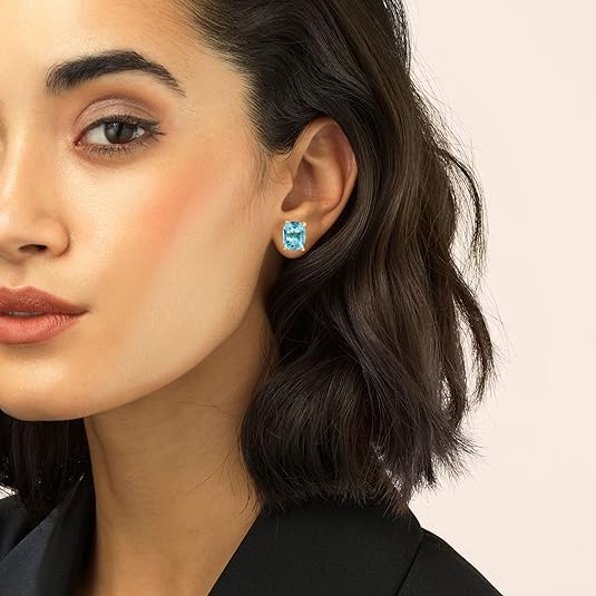 Women's 18K Gold Plated 8x10mm Princess Cut Gemstone Stud Earrings – Birthstone Jewelry for Her – Classic Cushion Studs - color: Blue Topaz